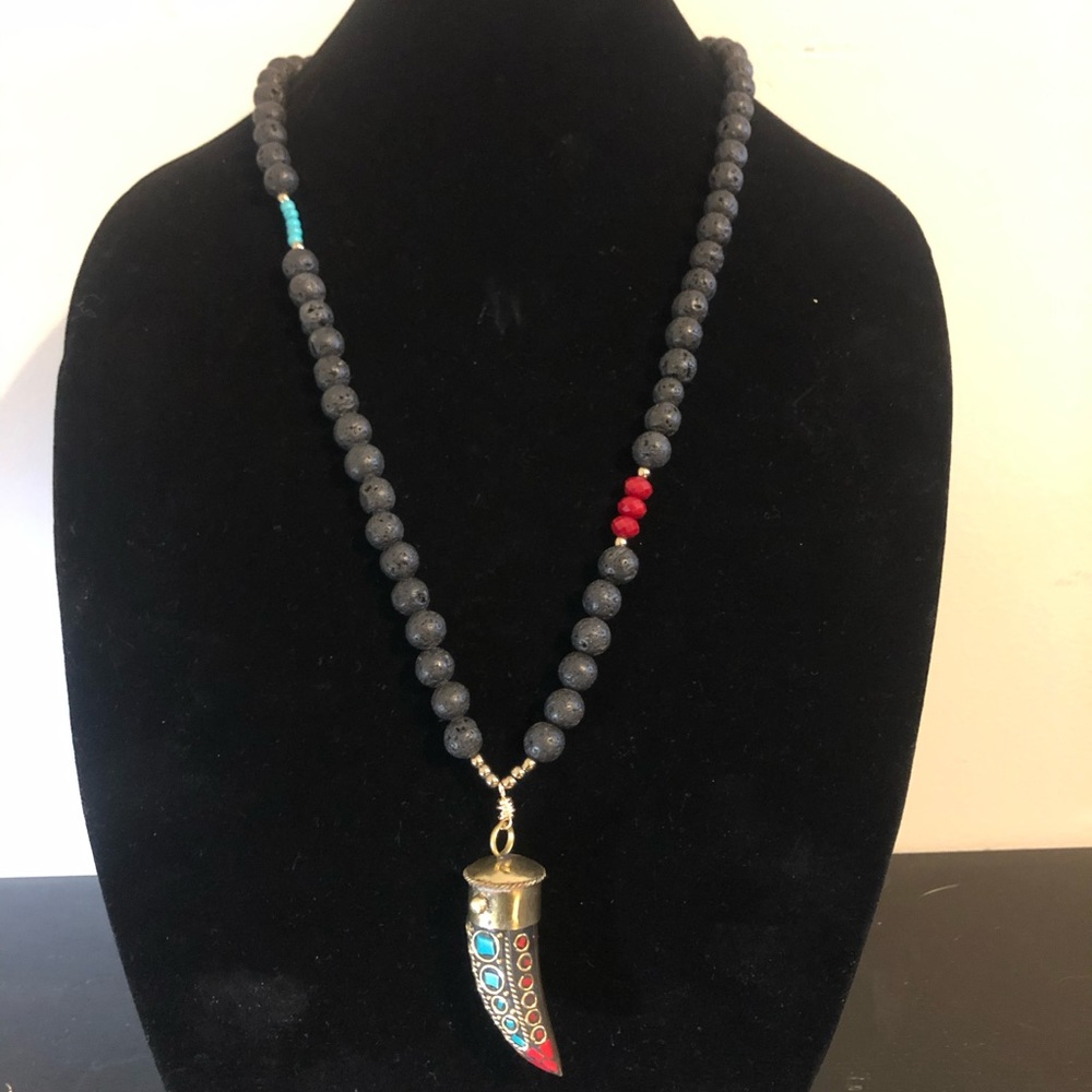Brass mosaic pendant with black lava beads, turquoise and red jade accent beads